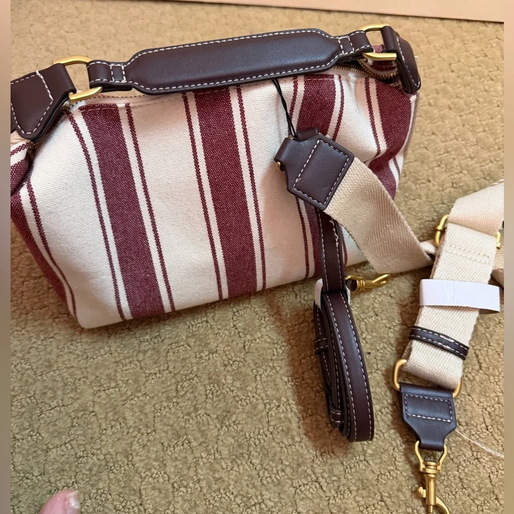 Zara Burgundy and White Striped Handle Bag with brown accents and 2 straps - Picture 4 of 6